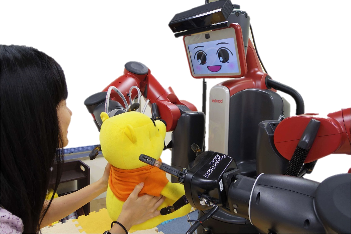 ロボットとのインタラクションの様子です。人の快や不快を正解データとして教師あり学習をした機械学習モデルをロボットに入れ、自分の快不快によって表情を変えるロボットにしました。黄色が好きで、見ると笑います。