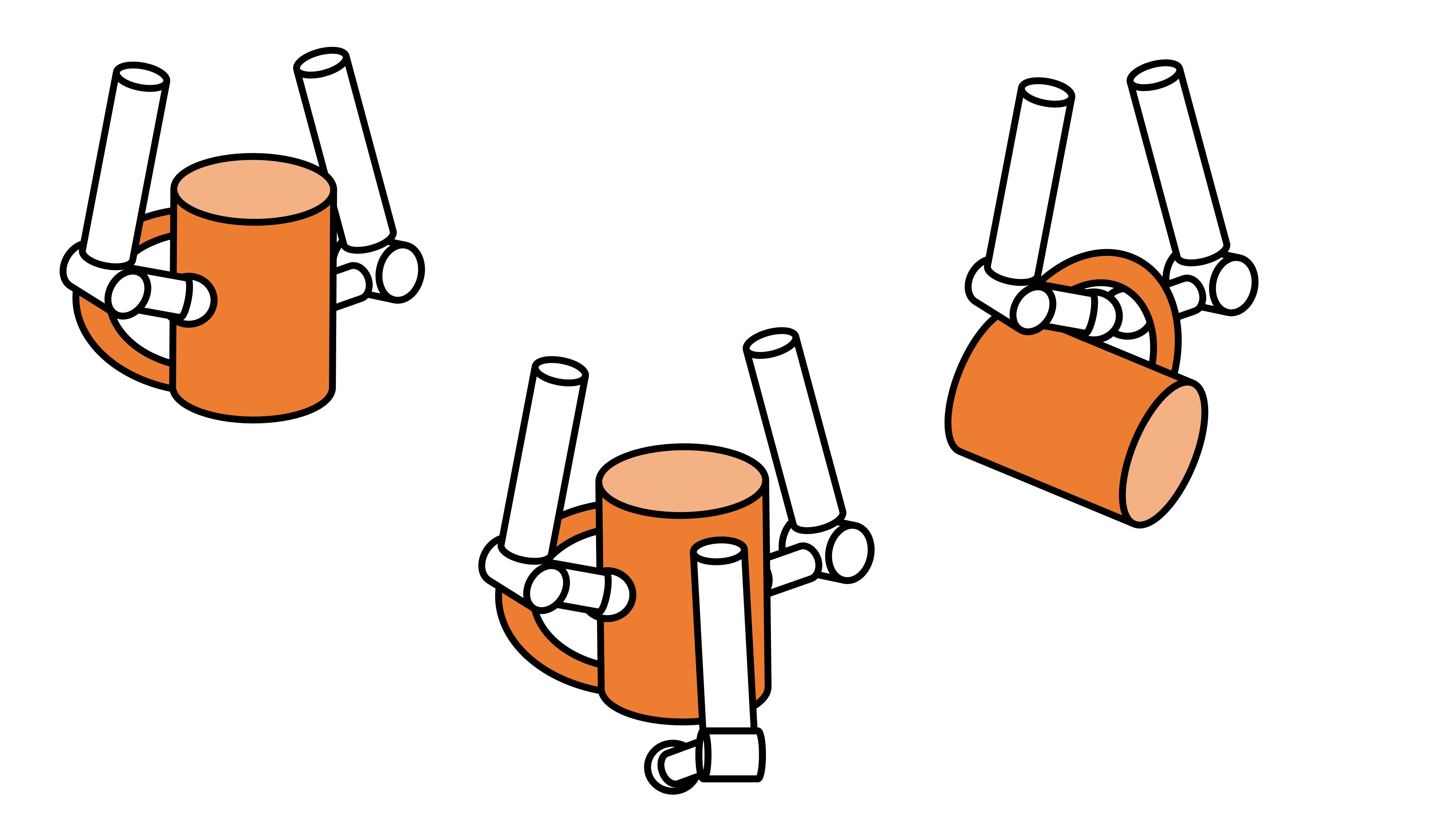 さまざまな把持形態。（左）ロボットの指先でつかむ、（中央）物体を把持しつつ下方に手を添える、（右）物体の穴に引っかけて持つ。