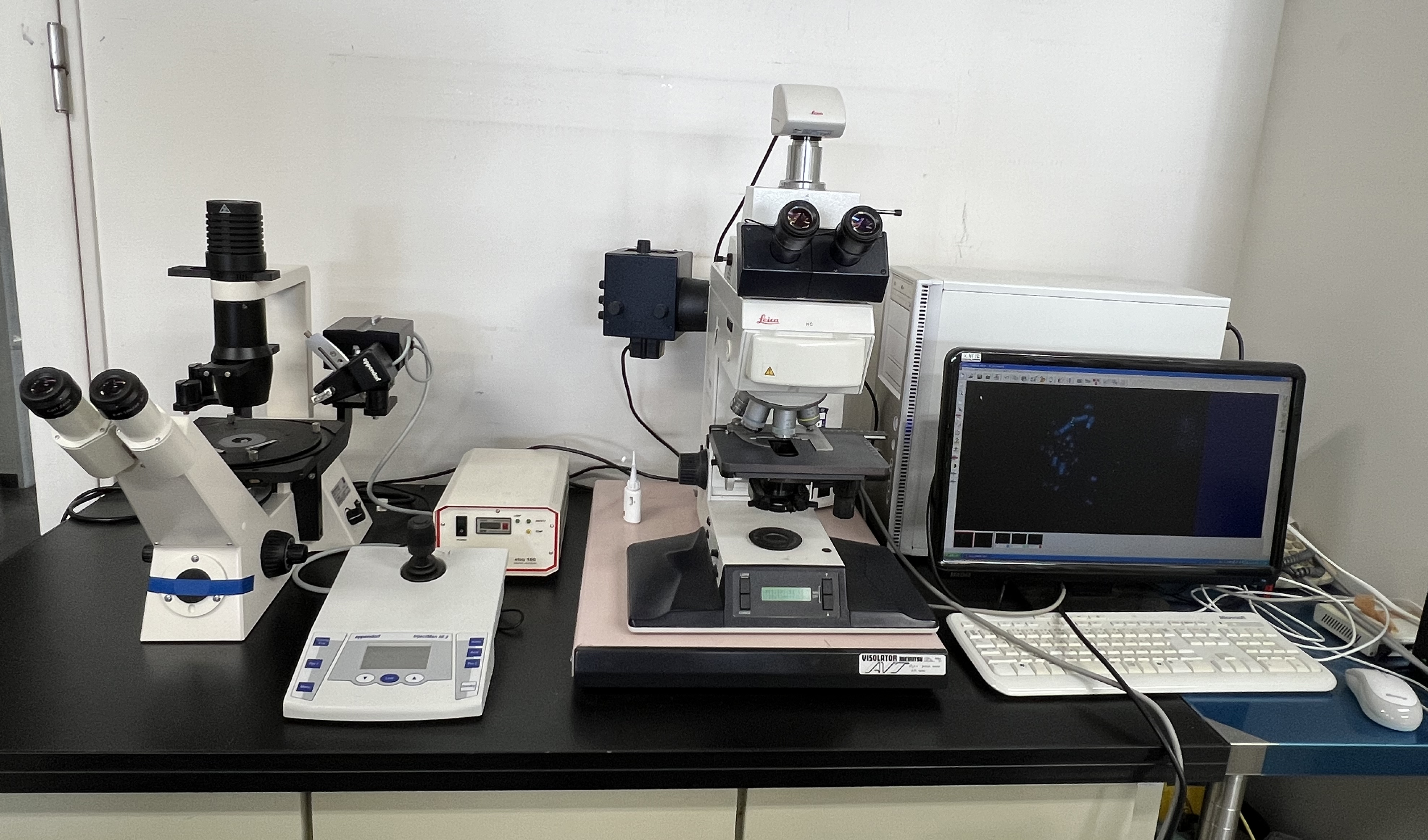 蛍光顕微鏡(右)とマイクロマニピュレーター(左)。蛍光顕微鏡を使用して蛍光染色した染色体や、蛍光in situ hybridizationを行った染色体を観察します。マイクロマニピュレーターを用いて特定の染色体を単離し、その染色体に含まれるDNAを調べます。
