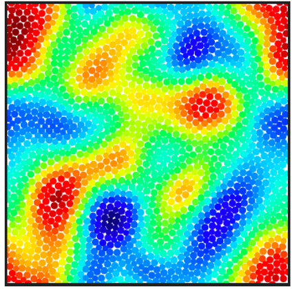 機械学習（情報科学）の知見を用いることで見出したガラスの特徴構造（球は原子を表します。青い領域ほど固体的、赤い領域ほど液体的な構造をもつことがわかりました）。
