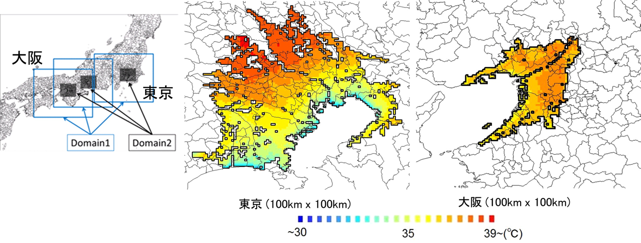 ・東京地域，大阪地域のSET*分布
神戸の市街地は大阪湾と六甲山の間の限られた範囲に立地するため、太平洋高気圧に支配された夏期日中においても、大阪湾から流入する若干低温な海風の影響により、盆地地形の京都や内陸側の埼玉などのような極端な高温化にはなりにくい特徴があります。