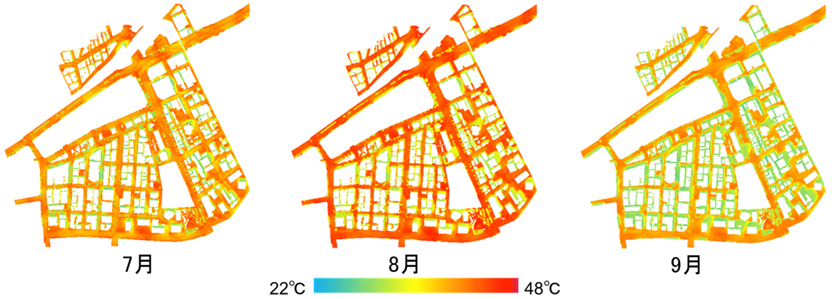 ・神戸都心部（1km×1km）のSET*分布（夏期晴天日13時）
都市空間内の歩行者や滞在者の温熱環境（SET*で表現されています）は、気温、湿度、風速、平均放射温度の影響を受けますが、1km四方程度の街区内では，気温，湿度はほぼ一様であり、風速と平均放射温度（日向・日陰、アスファルトの照り返しなど）により分布の特徴が決まります。暑さ対策としては日射遮蔽の効果が最も大きいです。
