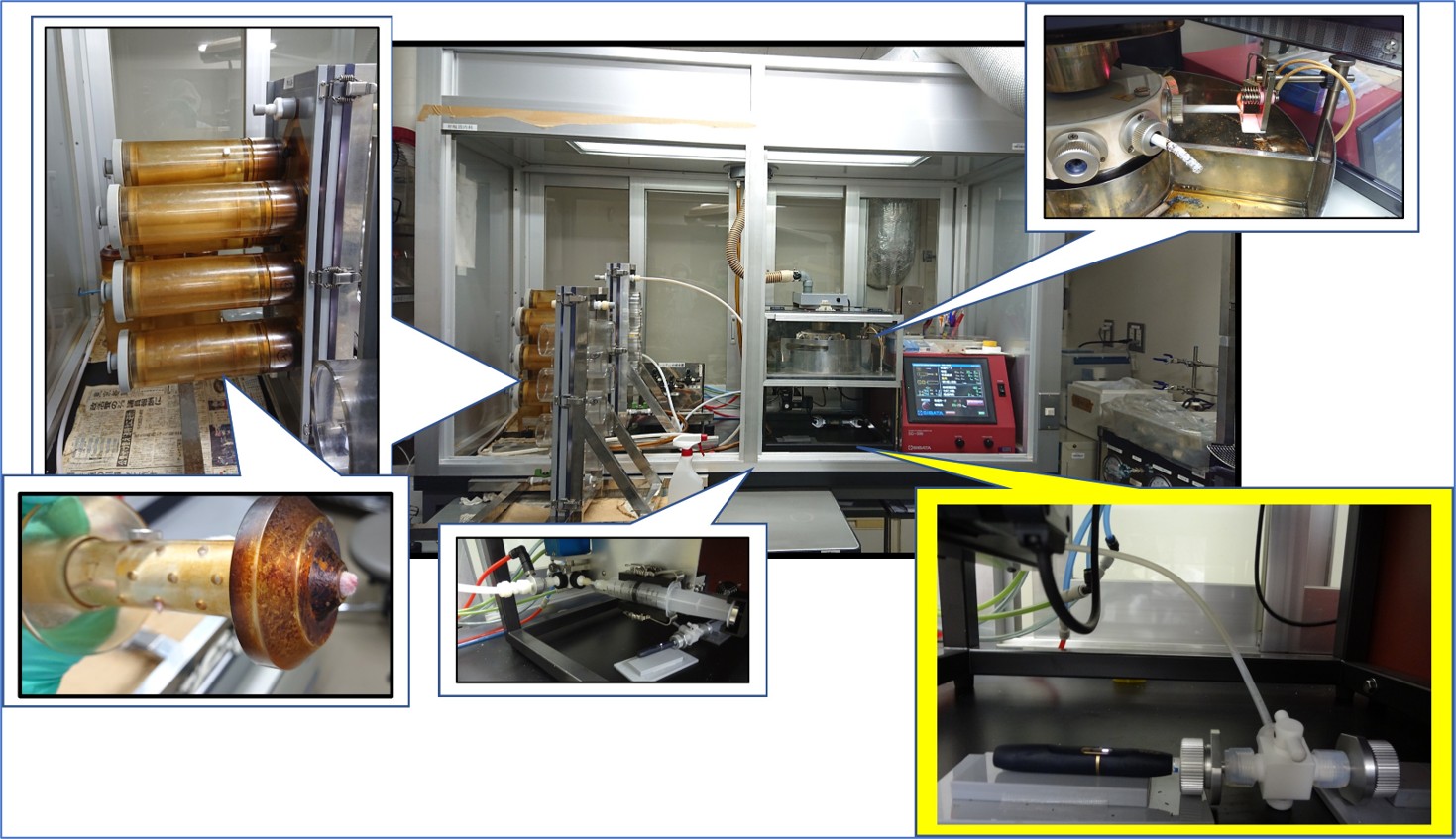ネズミに加熱式タバコを吸わせる実験機械（真ん中の写真）です。もともとは普通の紙タバコ（右上）を吸わせるように設計された機械なのですが、加熱式タバコを回路につなげて（右下）、シリンジで吸引して（真ん中下）、筒の中に入れられて鼻だけ出すようにしたネズミ（左）にタバコの煙あるいは加熱式タバコのエアロゾル（蒸気）を届けられるように工夫しました。