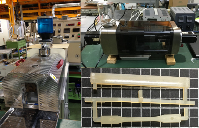 研究室で使う成形機と成形品。これらを使って、材料を混ぜたり、試験片を作ったりします。できるだけ少ない量でいろんな実験が行えるように工夫しながら研究を進めています。