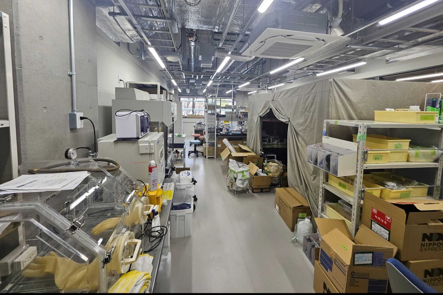 実験室の様子。生物を扱う細胞培養設備、化学物質を扱う設備、電子材料を扱う加工設備が整っている、異分野融合型の研究室です。