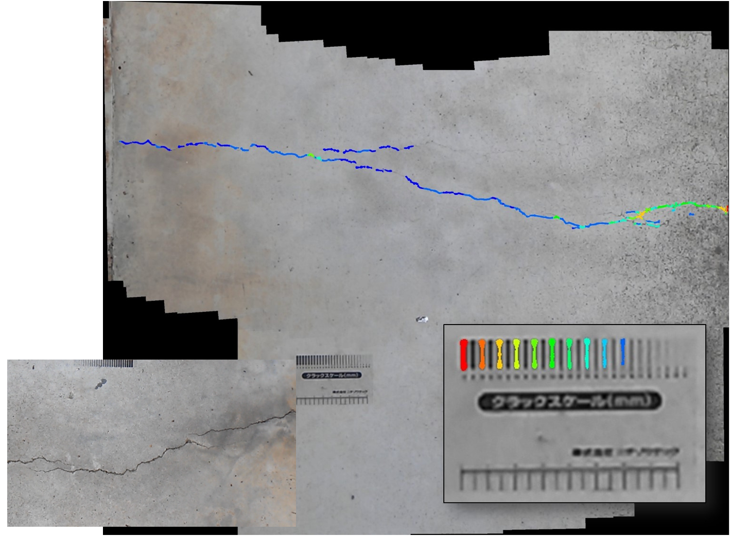 コンクリート表面のひび割れ画像解析結果。左下はスマートフォンで撮影した映像の一部。映像を合成して、映しこんだクラックスケール（右下に表示）を認識して画像上のひび割れを検出し、ひび割れの幅に応じて色付けしている。