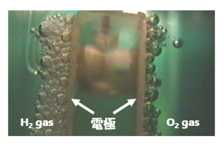 微小重力で実験を行うと、写真のように電極上に気泡が付着し水電解の障害となり問題です。