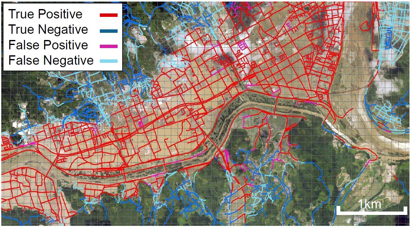 深層学習を用いて洪水による道路被災区間を自動抽出する技術を開発しました。UAV（無人航空機）による調査と組み合わせることで、早期の応急対応につなげることが期待されます。