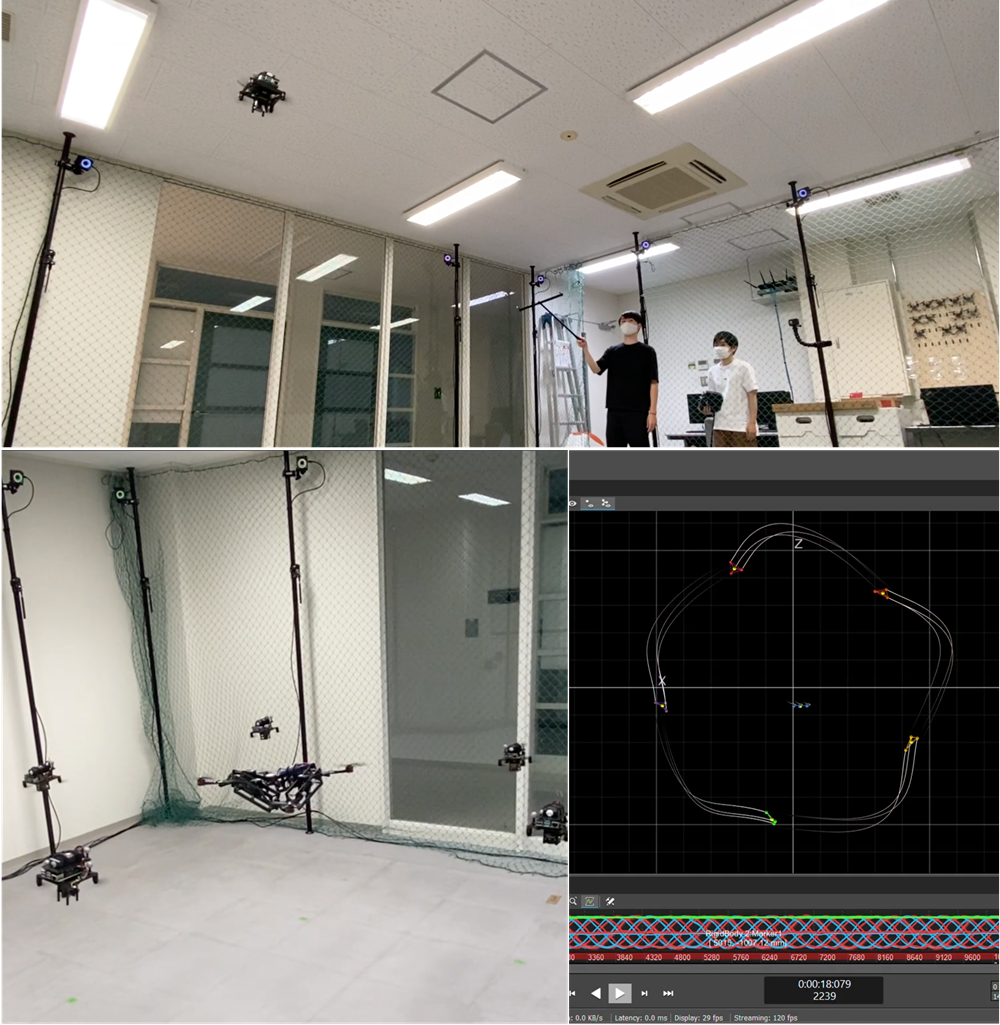 研究室で行っている複数ドローンの協調飛行実験の様子です。光学式モーションキャプチャシステムを用いてドローンの位置や姿勢を高精度に計測し、そのデータをもとに制御アルゴリズムの性能を検証します。