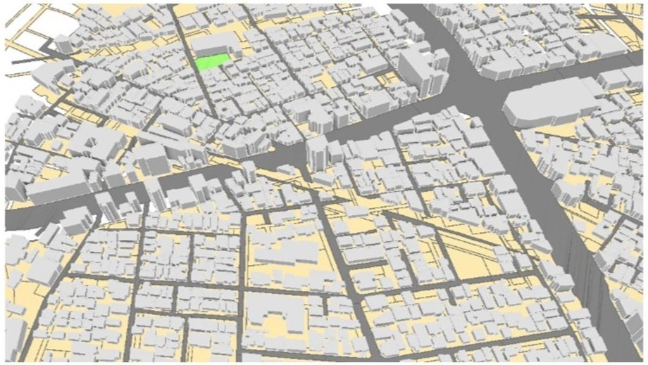 ESRI社のArcGISという地理情報システムに、国土交通所のPLATEAUと呼ばれる3D都市モデルを表示して、分析しているコンピューターの画面です。
