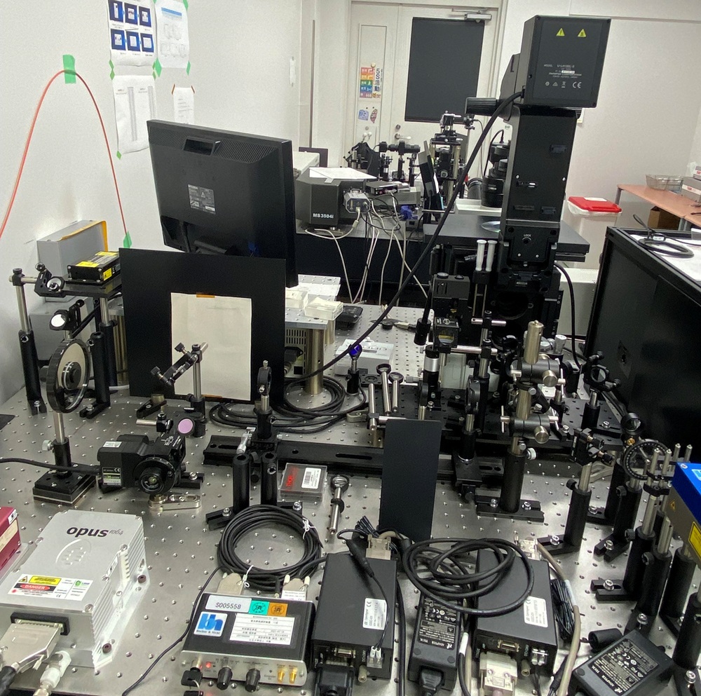 光ピンセット装置（レーザー、ミラー、レンズ、顕微鏡を組み合わせた自作の装置です）