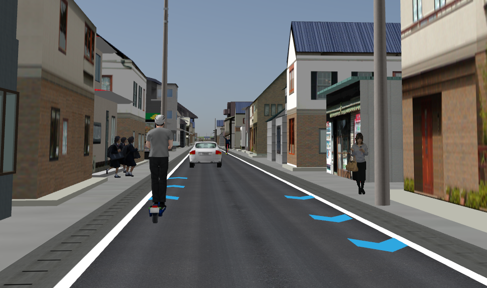 バーチャルリアリティ空間による道路の再現の様子です。仮想的に作った様々な道路環境で、歩行者、自動車のドライバーなどとして被験者に移動してもらい、行動の特徴を捉えます。