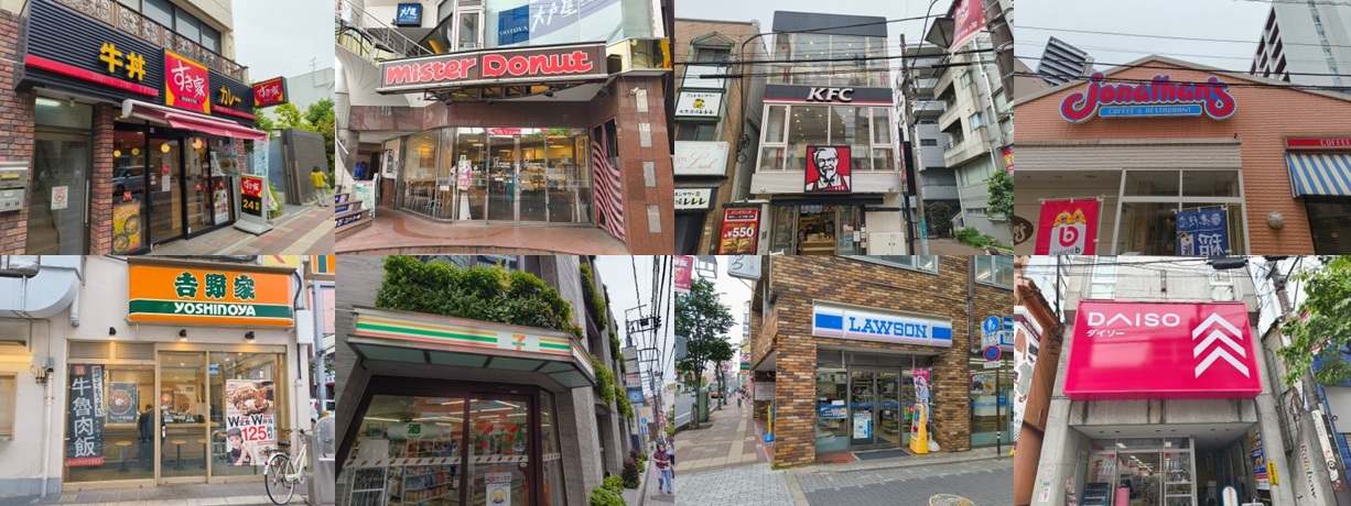 街なかのチェーン店の数々。「どこにでもある」消費環境が、私たちのあたりまえの都市経験を形成しつつあるし、その逆に、コンビニ的「でない」もの、ファミレス的「でない」ものを求める感覚の背景にもなっている。