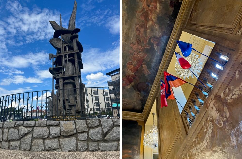 左：フランスの都市リヨン郊外には、1915年のアルメニア人「虐殺」を追悼する記念碑（ヨーロッパで最も古いとされる）がある。右：リヨン市庁舎内ではよくフランス・アルメニア間のイベントが開催され、その際は両国の国旗が並ぶ。