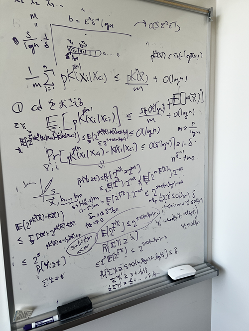 理論を構築する研究をしているため、研究の構想を練ったり議論をするときには、主に数式や図を用いて考えます。写真は、ある日の共同研究者との議論の際に使ったホワイトボードです。記録として撮っておいたのですが、あとで見返すと、こんなにもごちゃごちゃと書き込んでいたのかと、自分でも驚かされます。議論が白熱するほど、こうした状態になります。
