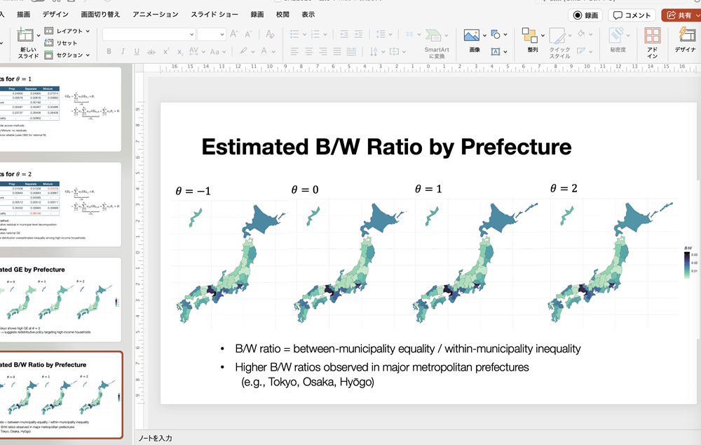 不平等研究の発表用スライドのスクリーンショットです。このページでは、市区町村間不平等と市区町村内不平等の推定値の比を県別に日本地図に色塗り（コロプレス図）しています。