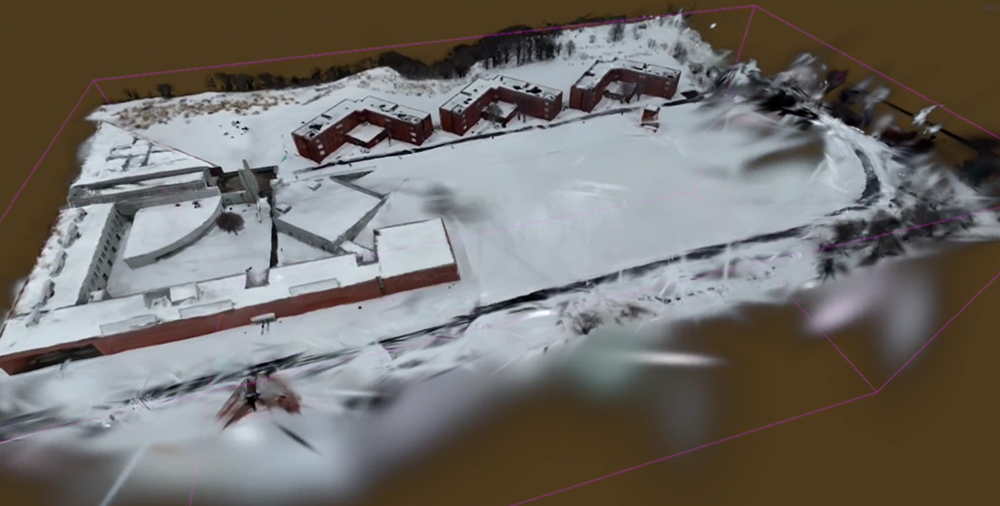 ドローン映像から3D化（3D gaussian splattingを使用）した画像です。今回は東京理科大学の長万部校舎を対象にしてみました。雪が降る天候で、3D化が難しい条件での実験結果です。