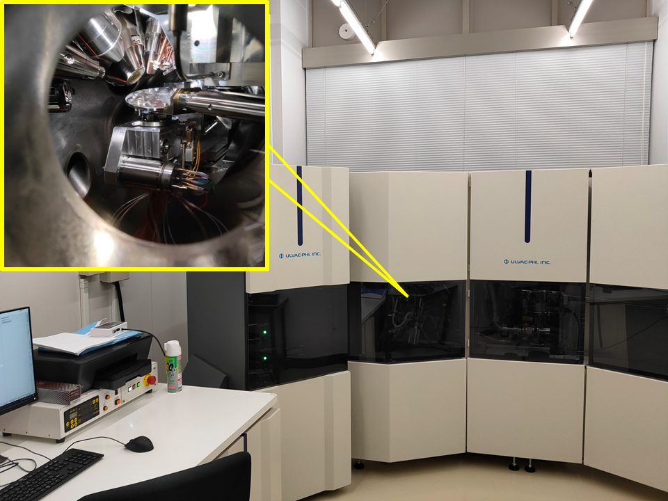 分析装置
ペロブスカイト膜の性質を調べるために、X線光電子分光装置という分析装置を使います。装置は覆いで囲まれていますが、中にはカッコいい機械が入っていて、ペロブスカイト膜にX線を当てて、飛び出してくる電子のエネルギーを分析できます。