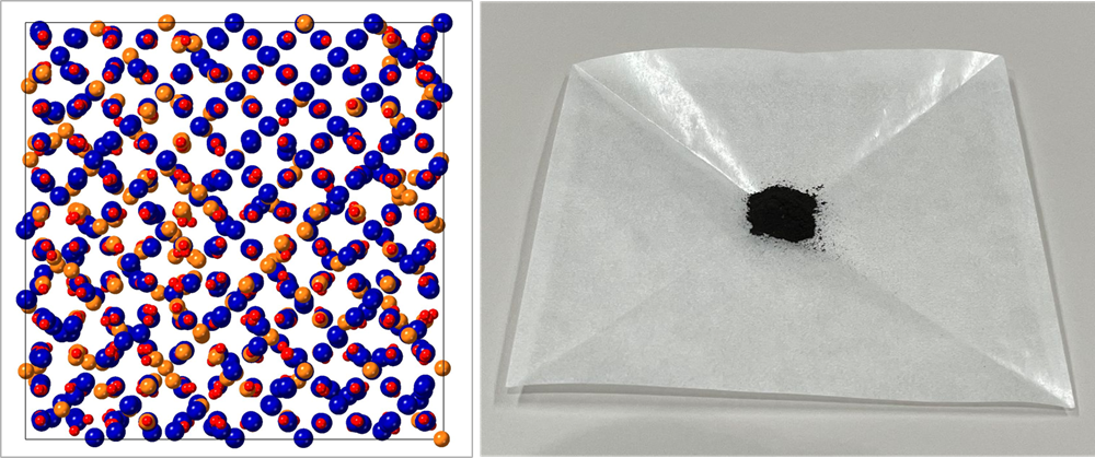 左：マグネシウム蓄電池に使用される正極ナノ粒子の原子の並び方
右：マグネシウム蓄電池に使用される正極ナノ粒子