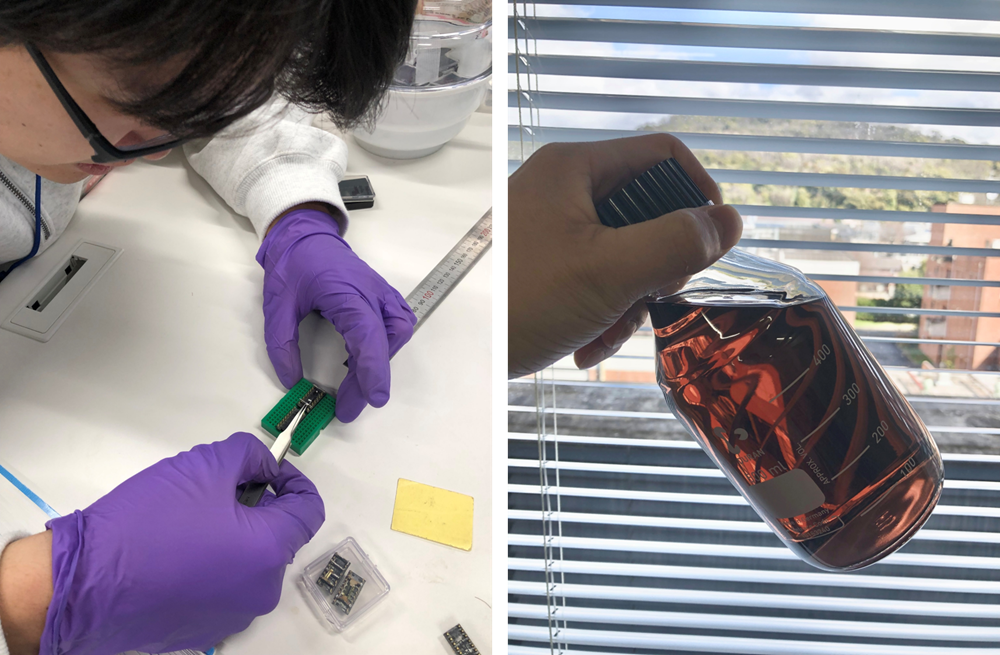 左：熱電変換材料を用いたデバイス作製の様子　
右：熱電変換に用いる半導体型カーボンナノチューブの分散液。炭素でありながら黒色ではなく、写真の液体はワインレッドを呈しています。