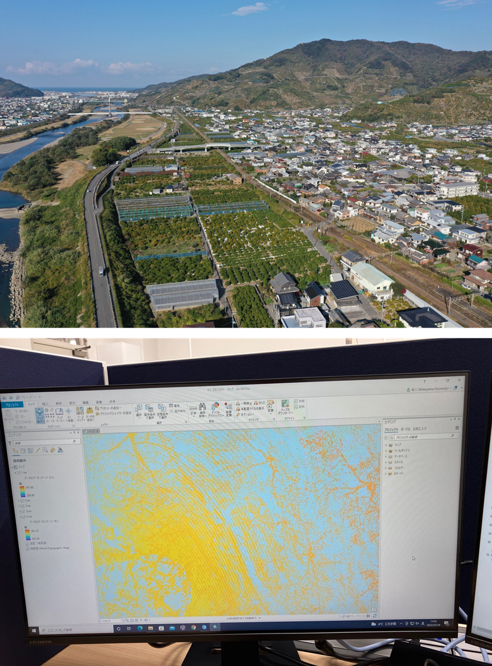 上：みかん園が広がる風景（有田地域）
下：GISによるランドスケープ変遷の解析