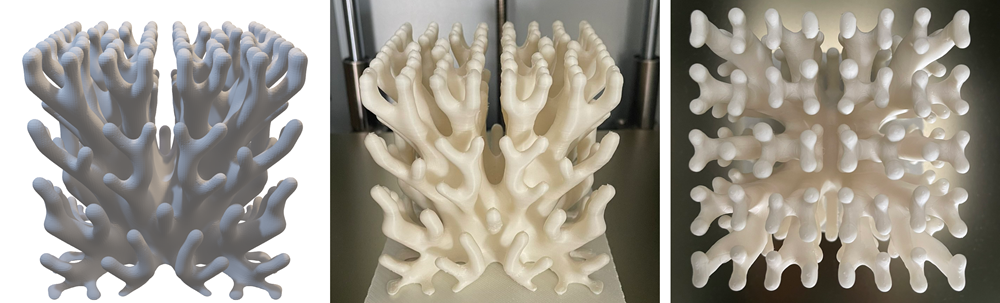 図３：トポロジー最適化で得られた結果を3Dプリンターで出力した例