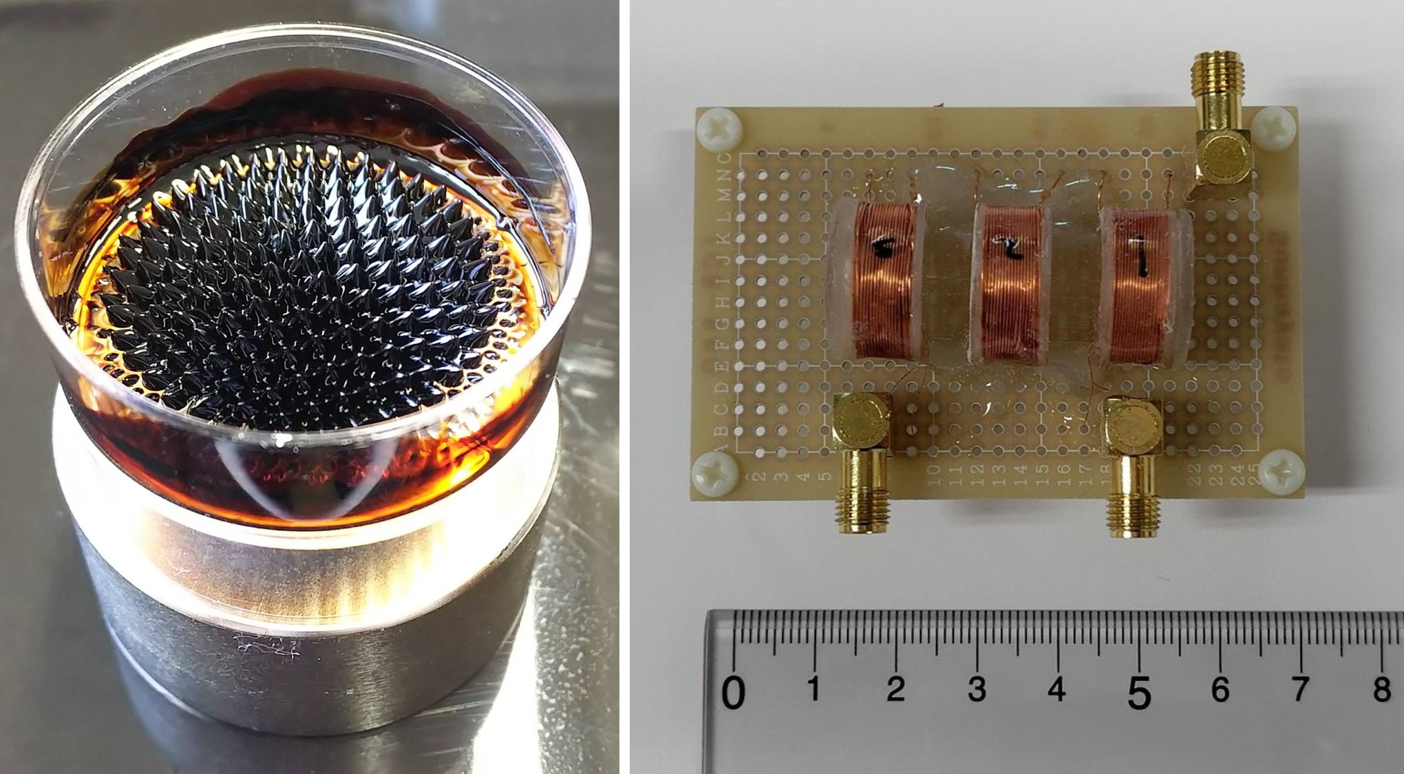 左：水に分散した磁性ナノ粒子をシャーレに入れて、下側から磁石を使って磁界を加えている様子です。磁石から出ている磁力線に沿って粒子の混ざった液が配向しています。
右：磁性ナノ粒子の磁気的な応答を計測するためのコイルです。