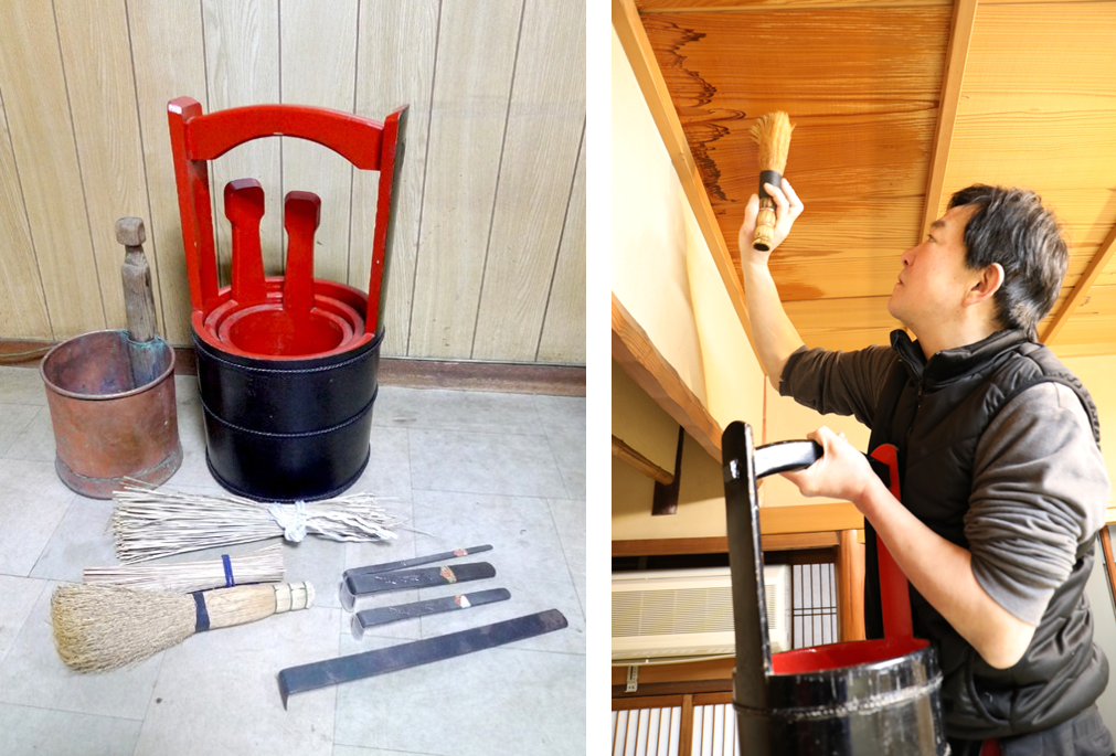 左：伝統的な「洗い」道具一式　(有)キクミ商会 蔵
右：天井の染み抜きをする　洗ヤ野口　品川氏