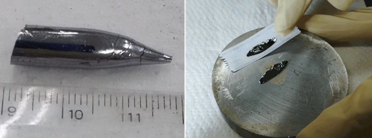 （左）研究室で育成した化合物半導体SnSの単結晶。（右）SnSは2D化合物なので、単結晶をテープで剥離できます。