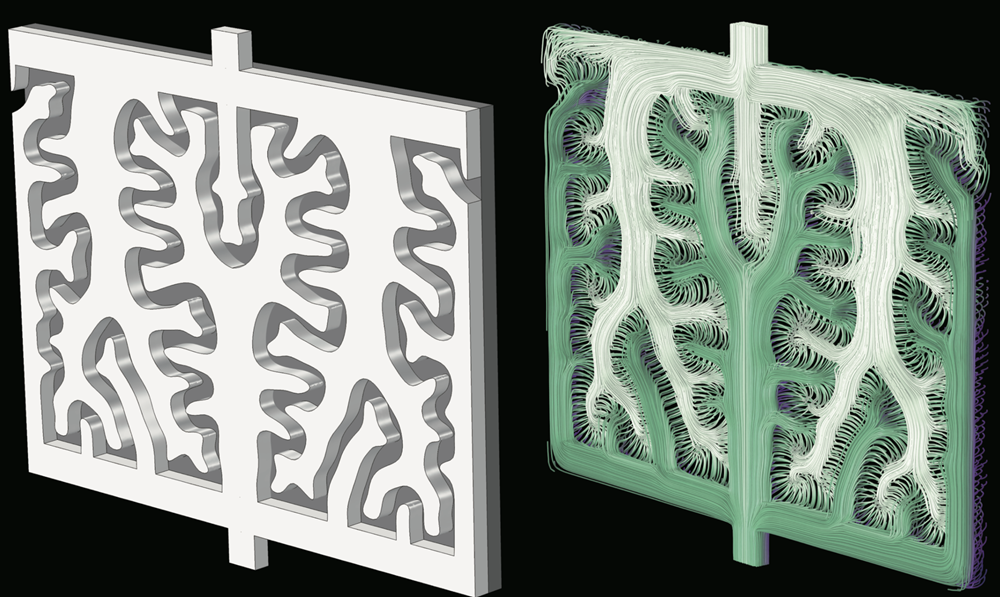 図２：レドックスフロー電池の電解液輸送流路を対象としたトポロジー最適化
