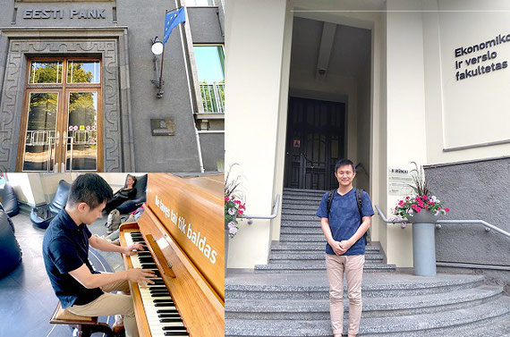 左上：ヒアリング先のエストニア中央銀行、左下：電車の待ち時間にストリートピアノを弾く、右：資料協力先のカウナス工科大学（リトアニア）